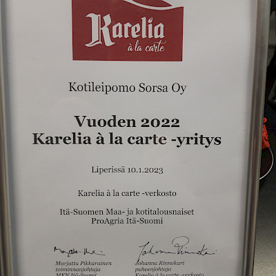 Kotileipomo Sorsa Liperistä Vuoden Karelia à la carte -yritys